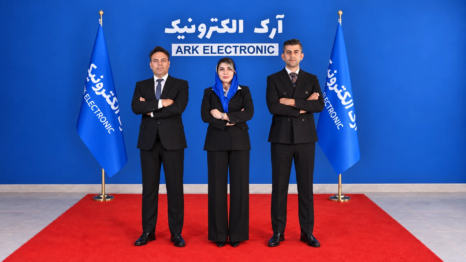 مدیران آرک الکترونیک در کنار پرچم‌های شرکت